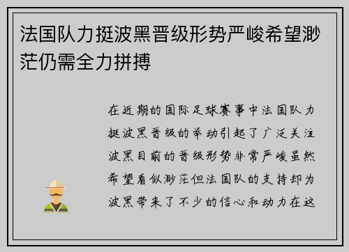 法国队力挺波黑晋级形势严峻希望渺茫仍需全力拼搏