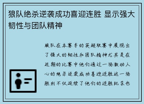狼队绝杀逆袭成功喜迎连胜 显示强大韧性与团队精神