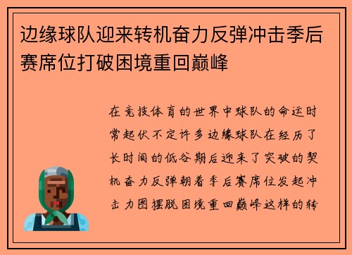 边缘球队迎来转机奋力反弹冲击季后赛席位打破困境重回巅峰