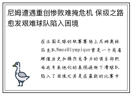 尼姆遭遇重创惨败难掩危机 保级之路愈发艰难球队陷入困境